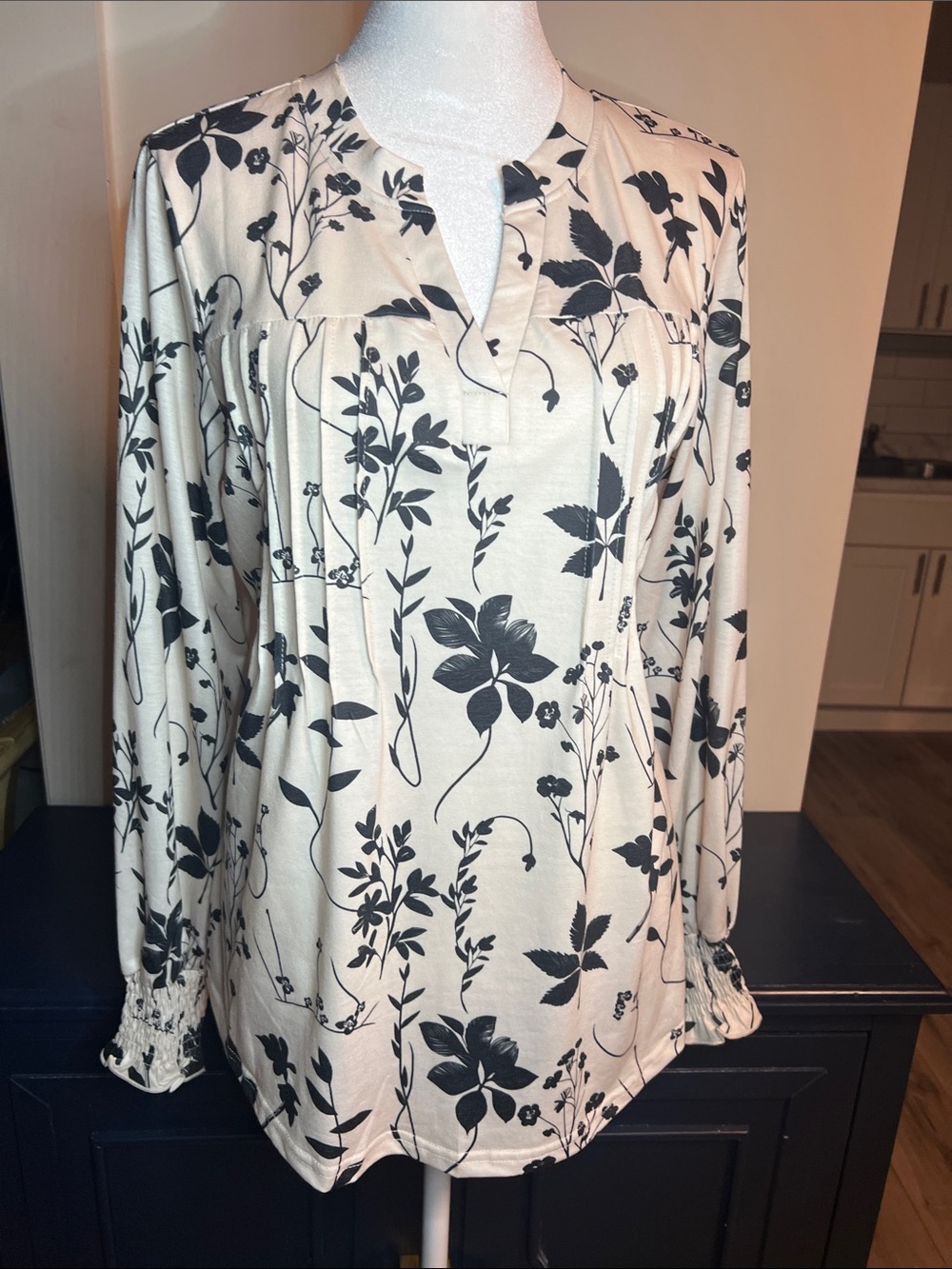 Cream and Black Floral Long-Sleeve Tunic Top